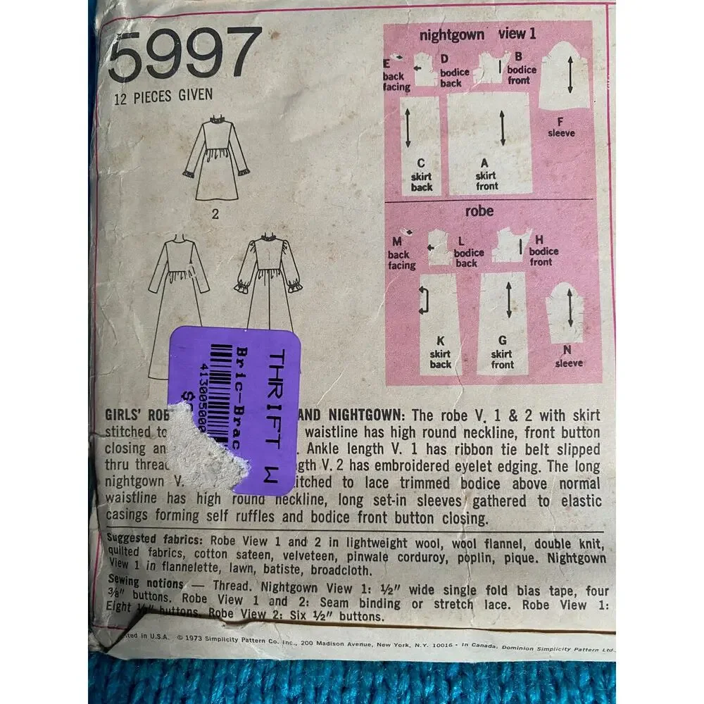 Simplicity sewing pattern  5997 kids nightgown and robe